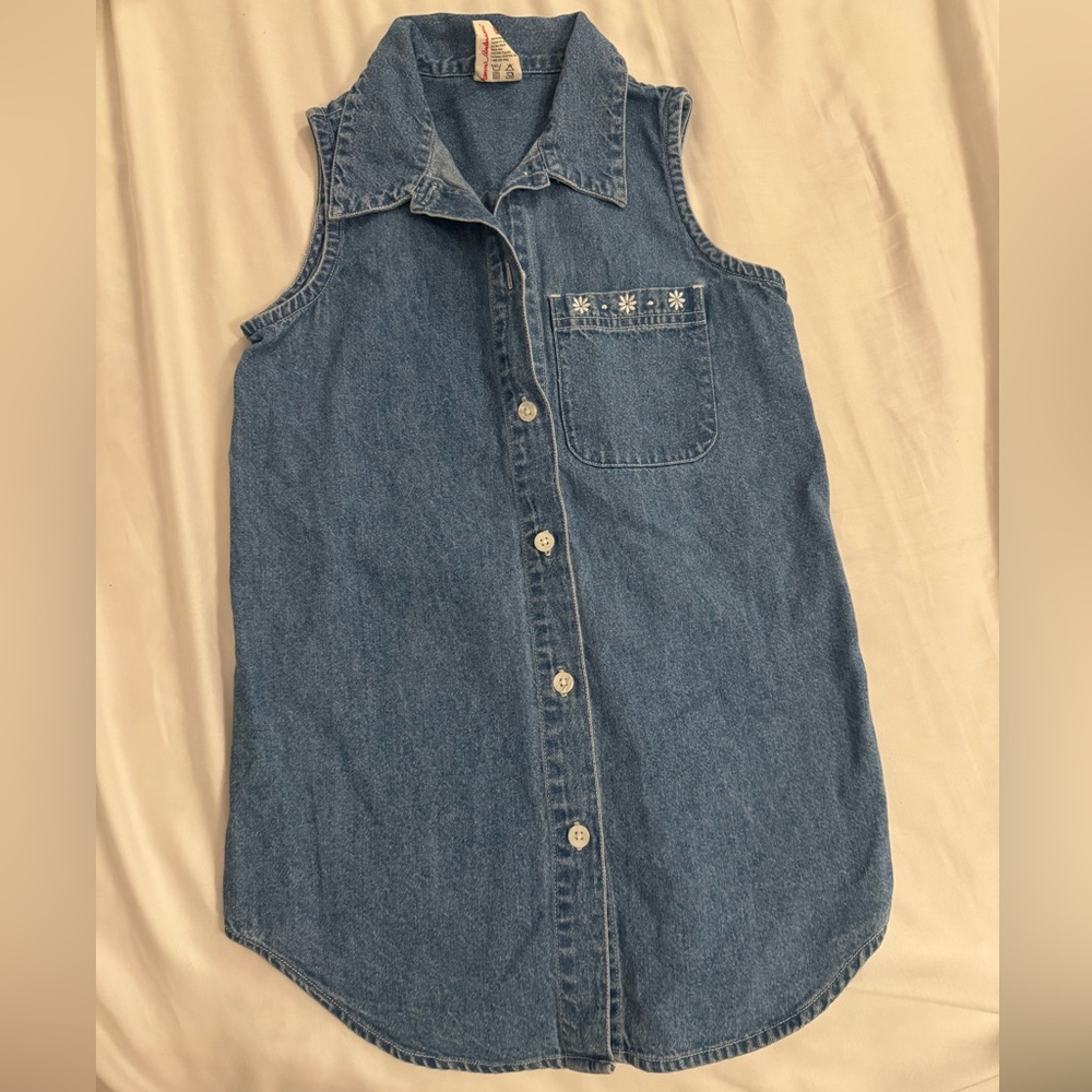 Vintage Hanna Andersson Denim Button-Down Shirt with Embroidered Flower Pocket